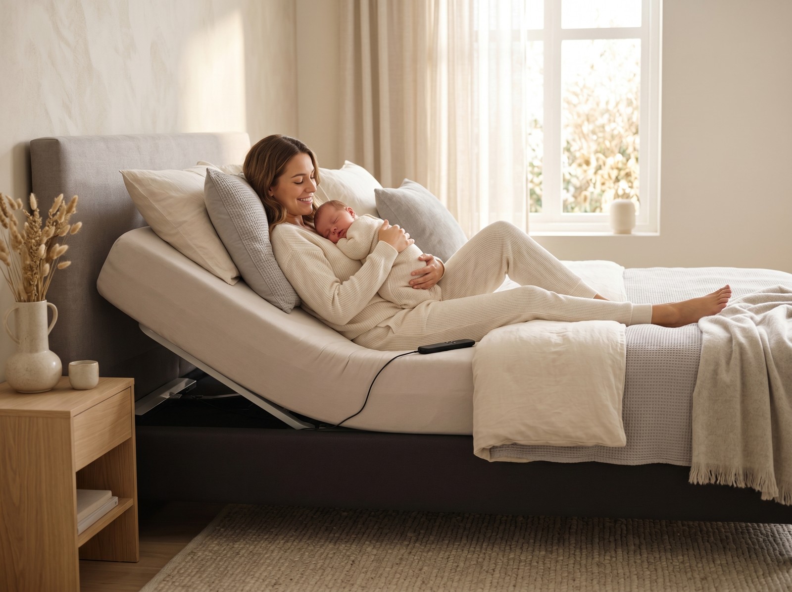 Jeune maman confortablement installée, le dos relevé par le CosyLift
