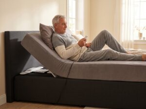 Homme en convalescence, dos relevé par le CosyLift, télécommande en main