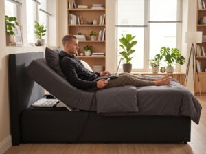 Jeune homme détendu, lit transformé en canapé grâce au CosyLift