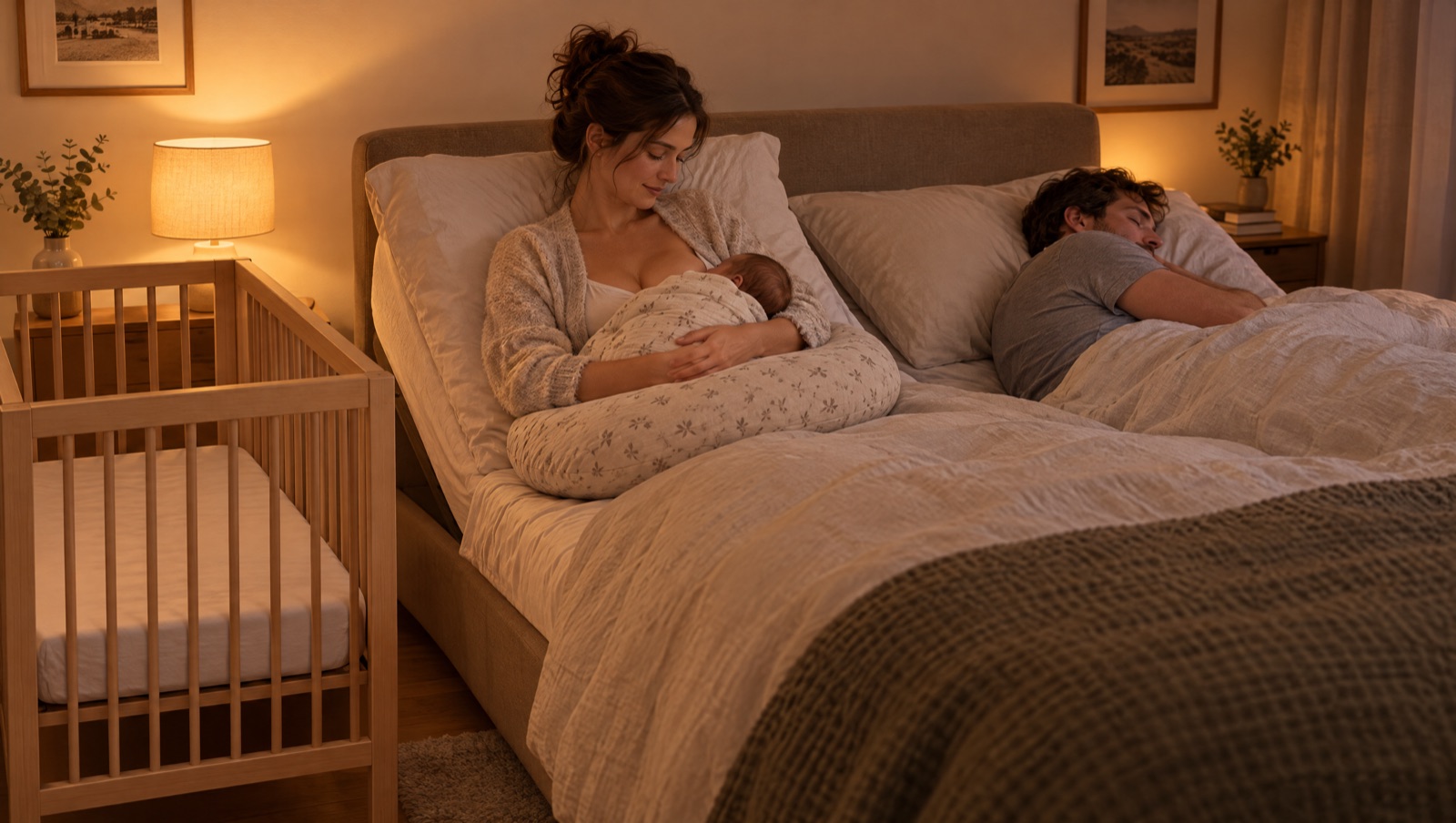 Jeune maman qui allaite, son côté du lit relevé, le berceau vide à côté