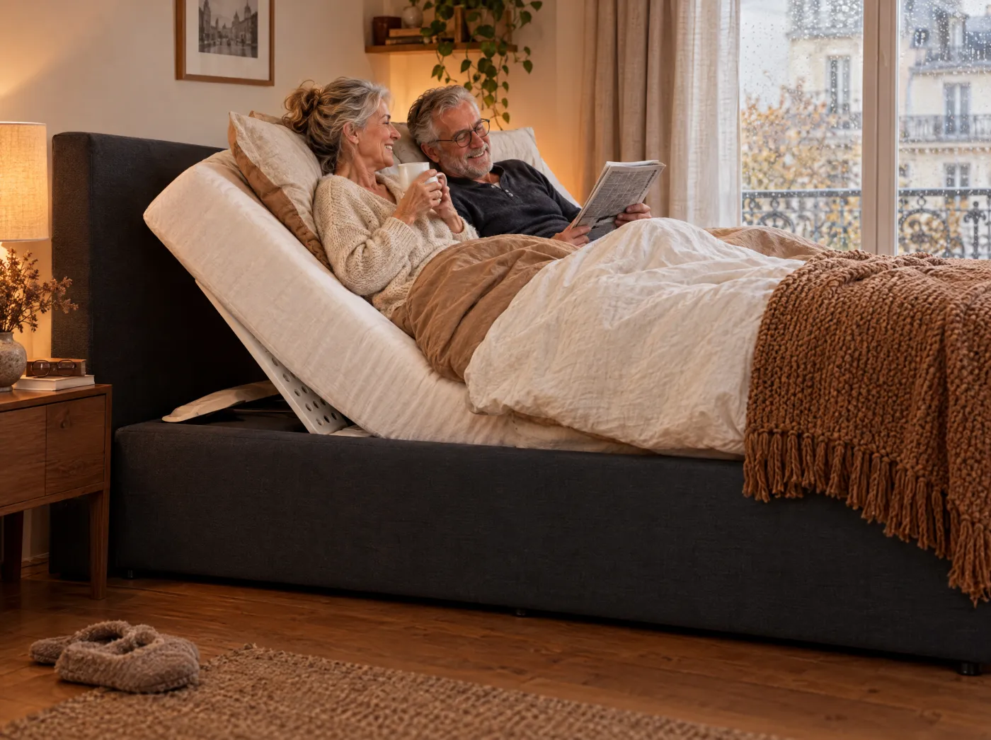 Un couple assis dans un grand lit, les deux côtés relevés ensemble par le CosyLift Bundle Sync
